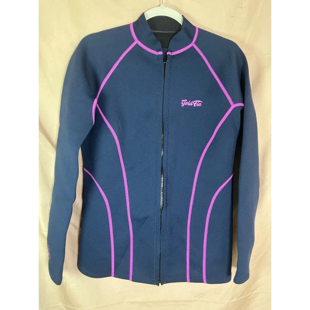 GoldFin Wetsuit Top Womens 2mm Navy Pink Excellent Zip Front Long Sleeve Jacket